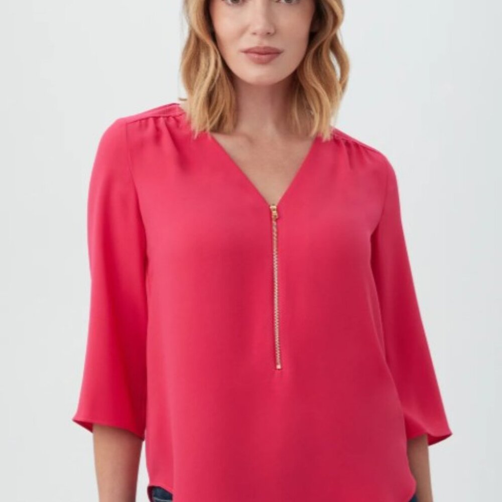 Trina Turk Blouse Womens V-Neck Zip Front Pink 3/4 Sleeve Sz S Office Preppy